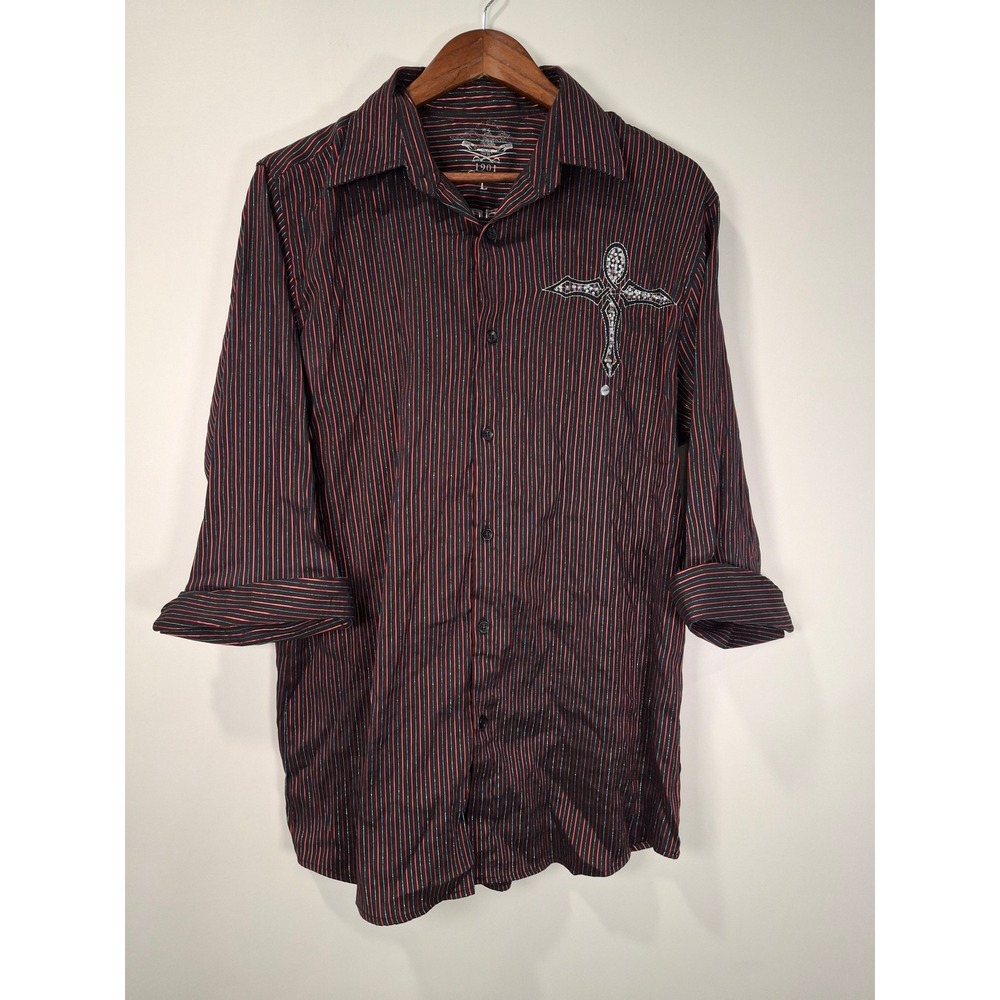 El General 1901 Mens Large Red Black Striped Justice Cross Embroidered Shirt